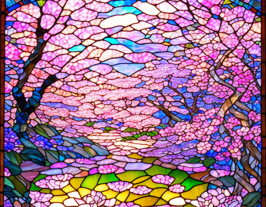 Colorful Stained Glass Window of Flowering Tree Canopy