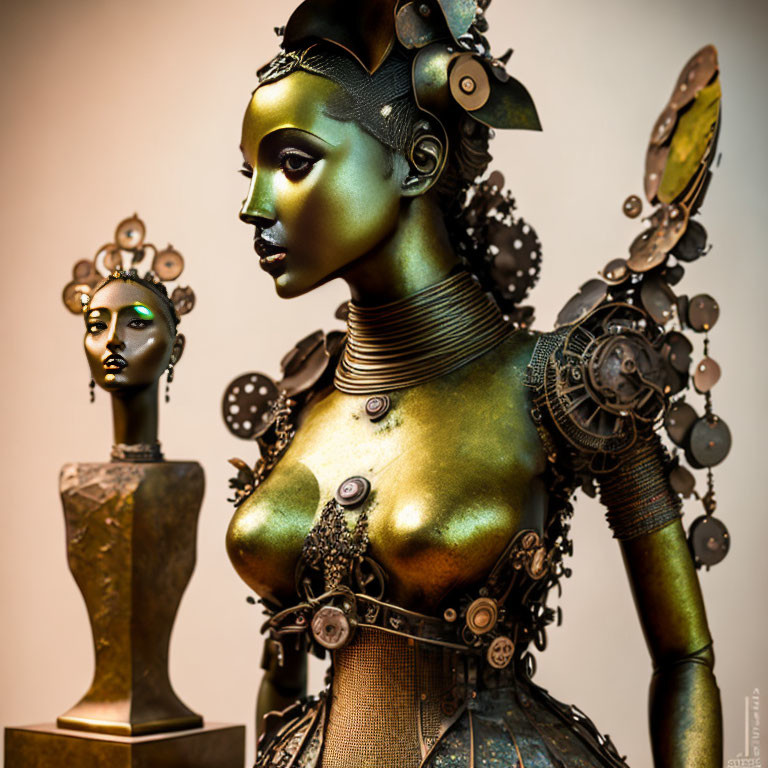 Bronze statue of stylized female figure with intricate steampunk gears