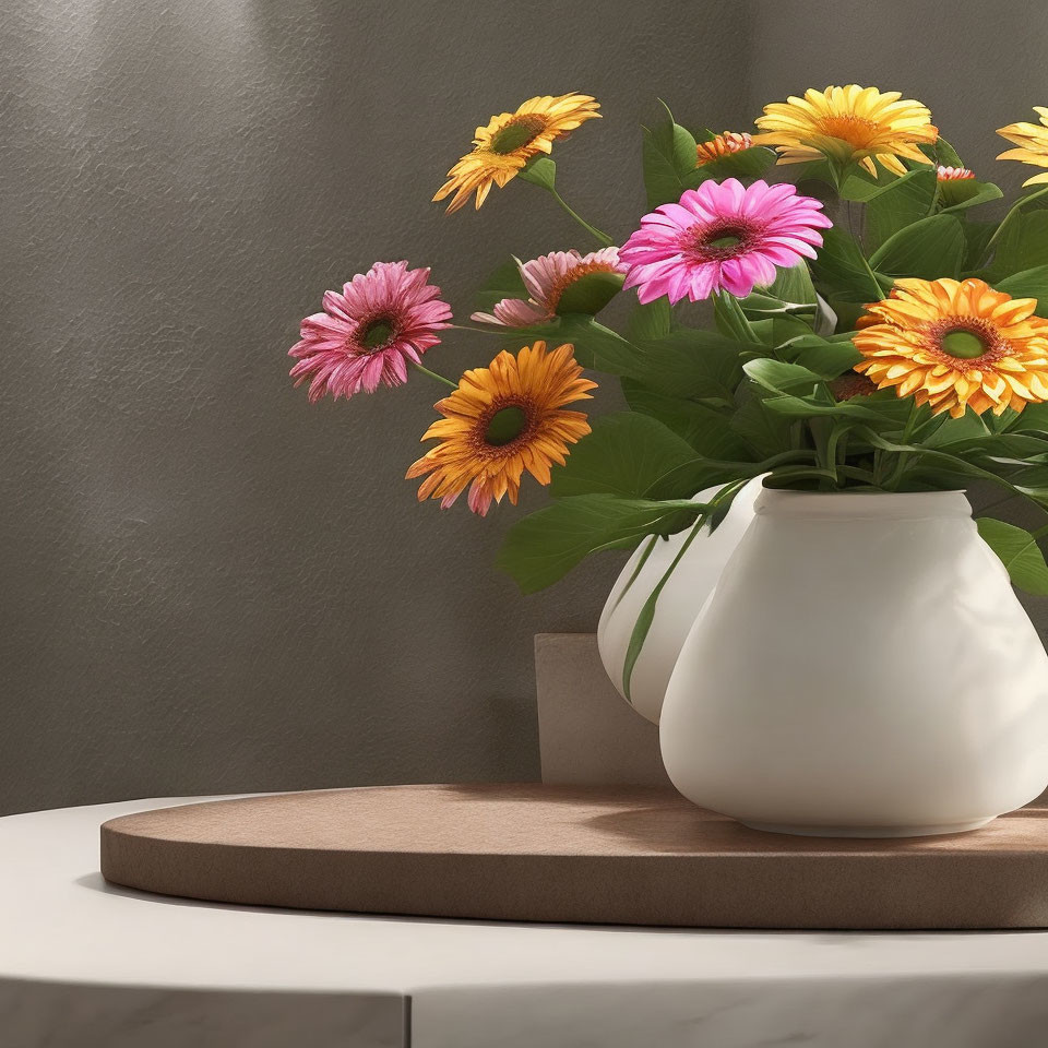 White Vase with Pink and Yellow Gerbera Flowers on Beige Mat Against Grey Wall