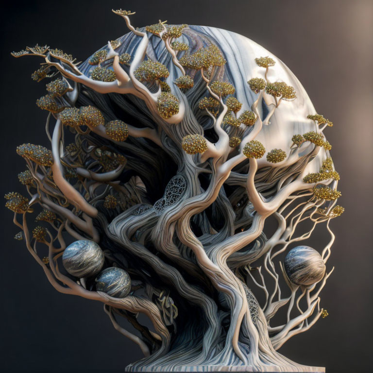 Intricately Carved Tree 3D Rendering with Spherical Canopy