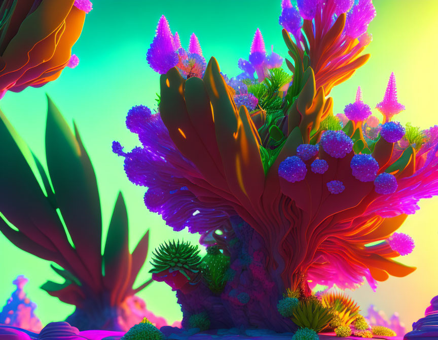 Neon-colored plant-like organisms in dreamlike digital art