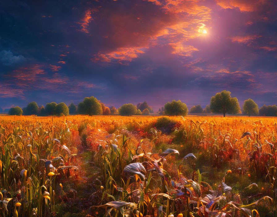 Vibrant orange sunset over lush field with scattered trees