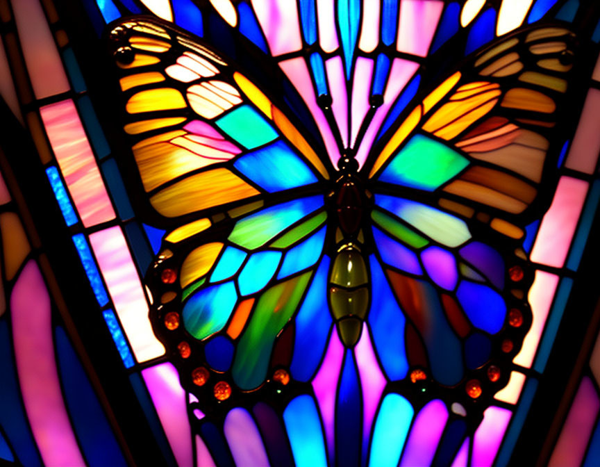 Colorful Butterfly Stained Glass Artwork in Blue, Purple, Orange, and Green