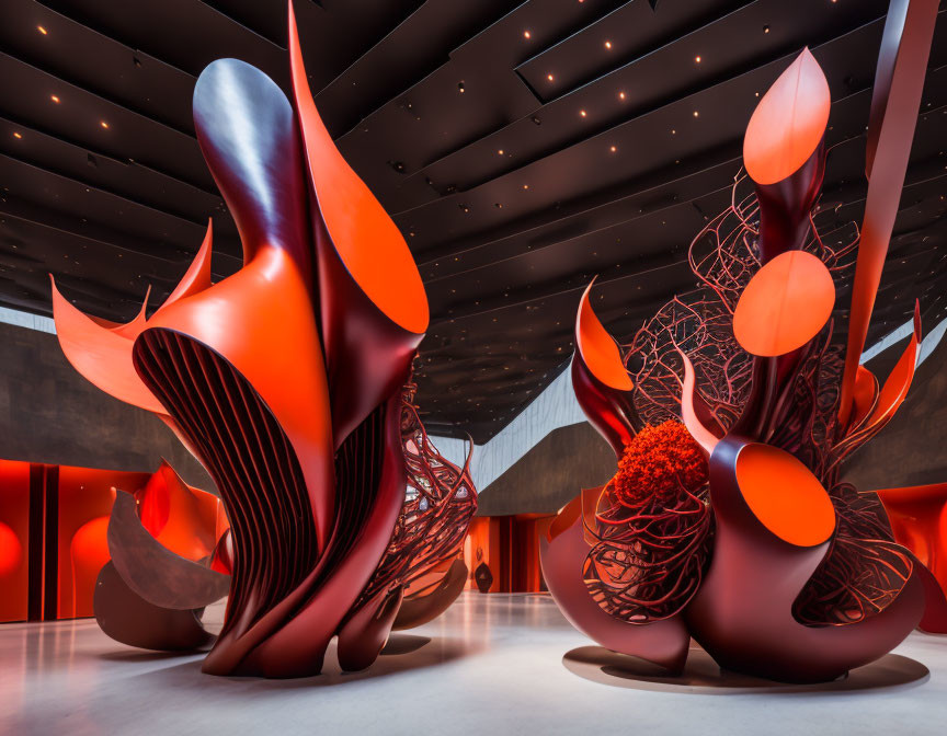 Abstract red sculptures in modern art installation