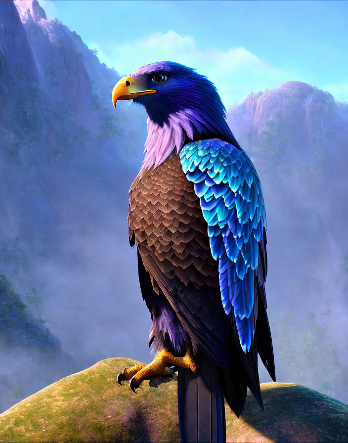 Stylized eagle with purple and blue feathers perched on rock overlooking misty mountains