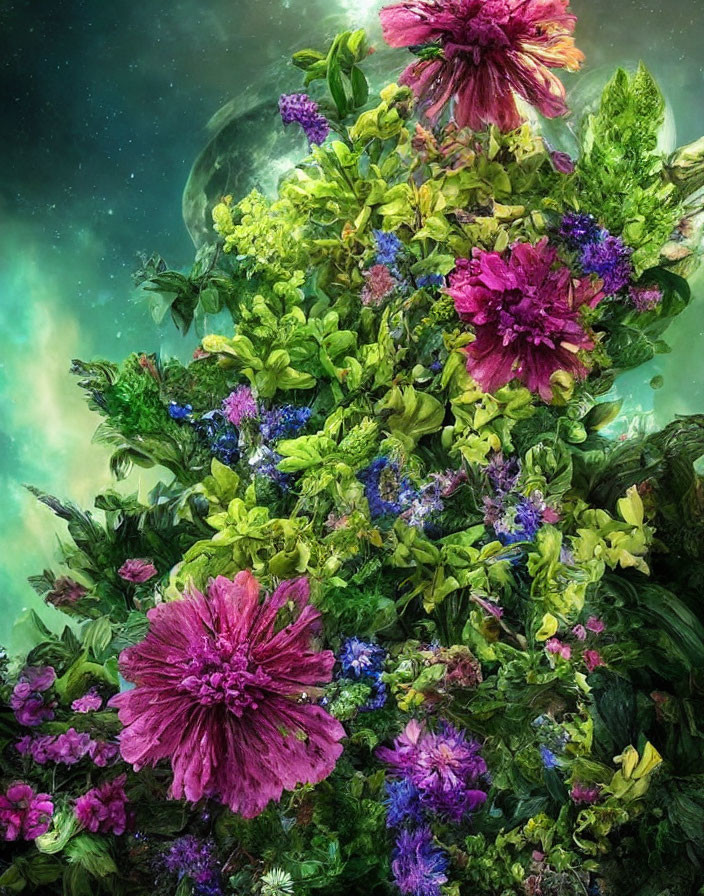 Colorful purple and green flowers under a moonlit sky