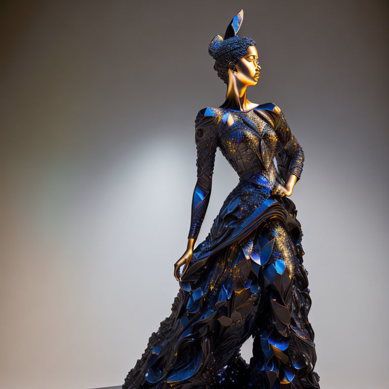 Elaborate blue and black scale-patterned dress on mannequin against gradient backdrop