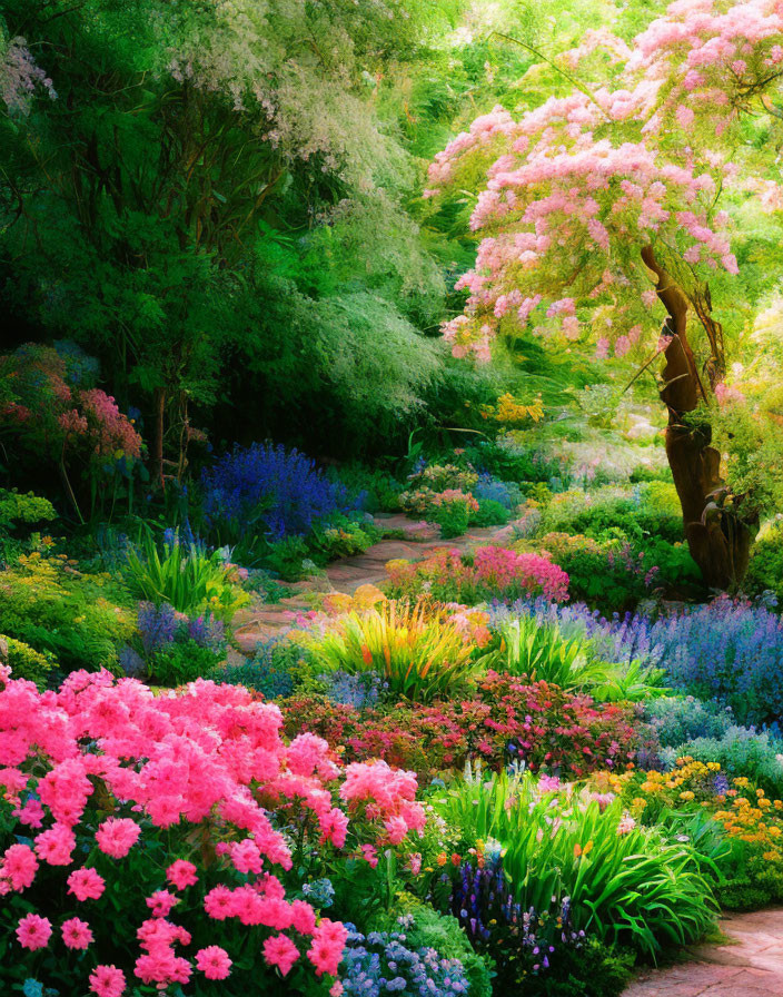 Colorful Garden Path with Lush Flowers and Greenery