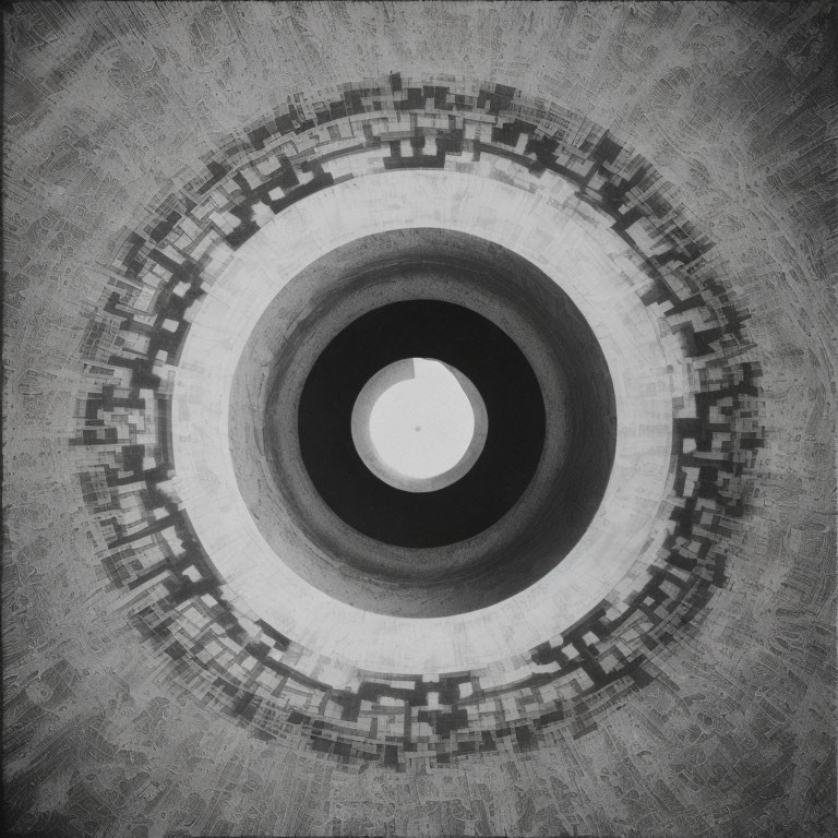 Abstract Monochrome Image: Concentric Circles & Pixelated Depth