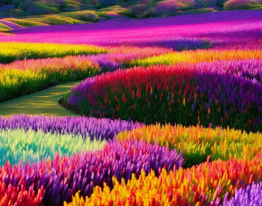 Colorful Flower Fields with Winding Paths in Soft Light