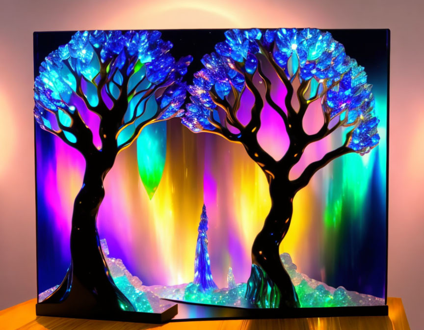 Vibrant illuminated art: stylized trees with blue leaves on colorful backdrop.