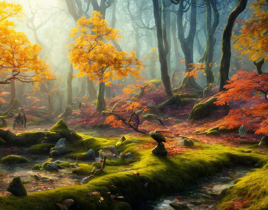 Mystical autumn forest with sunlight, vibrant leaves, and moss-covered creek