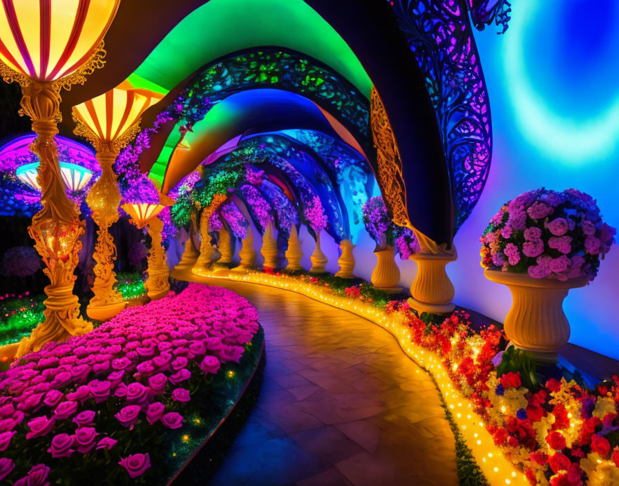 Colorful Floral Tunnel with Intricate Arches and Multicolored Flowers