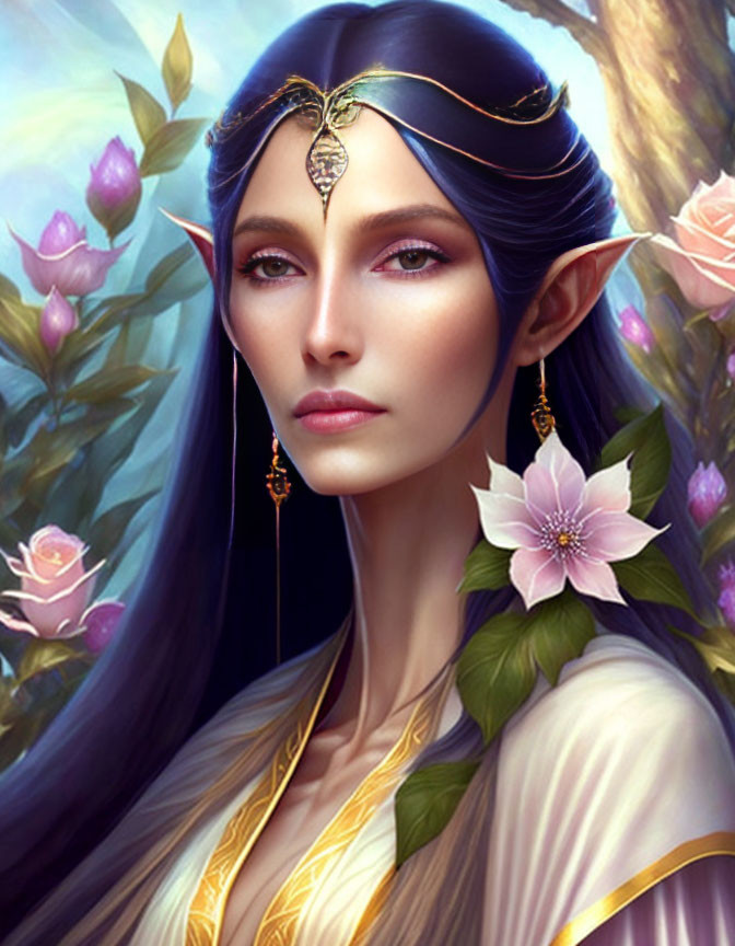 Elven character with pointed ears and blue eyes in floral setting