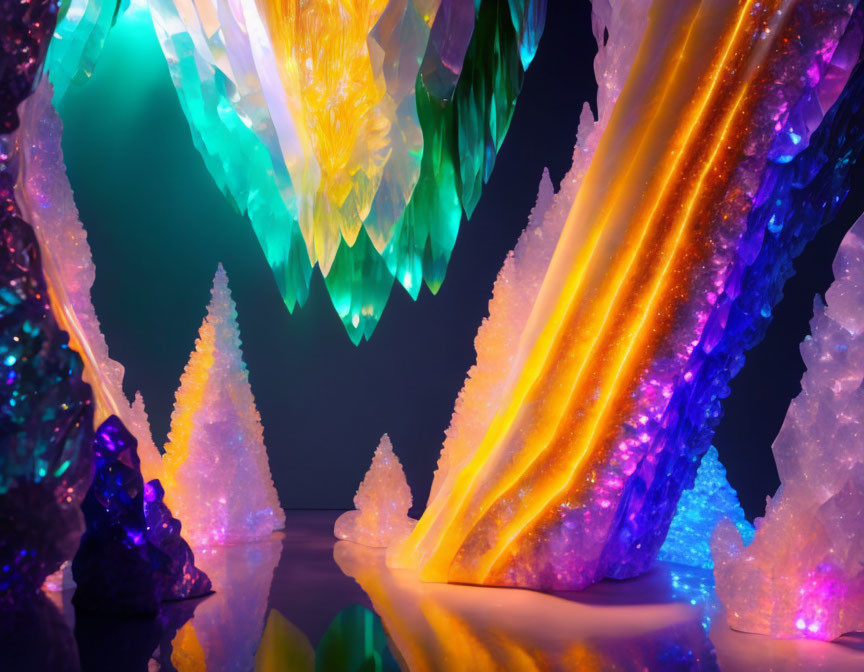 Vibrant crystal-like art installation with blue, purple, and orange hues