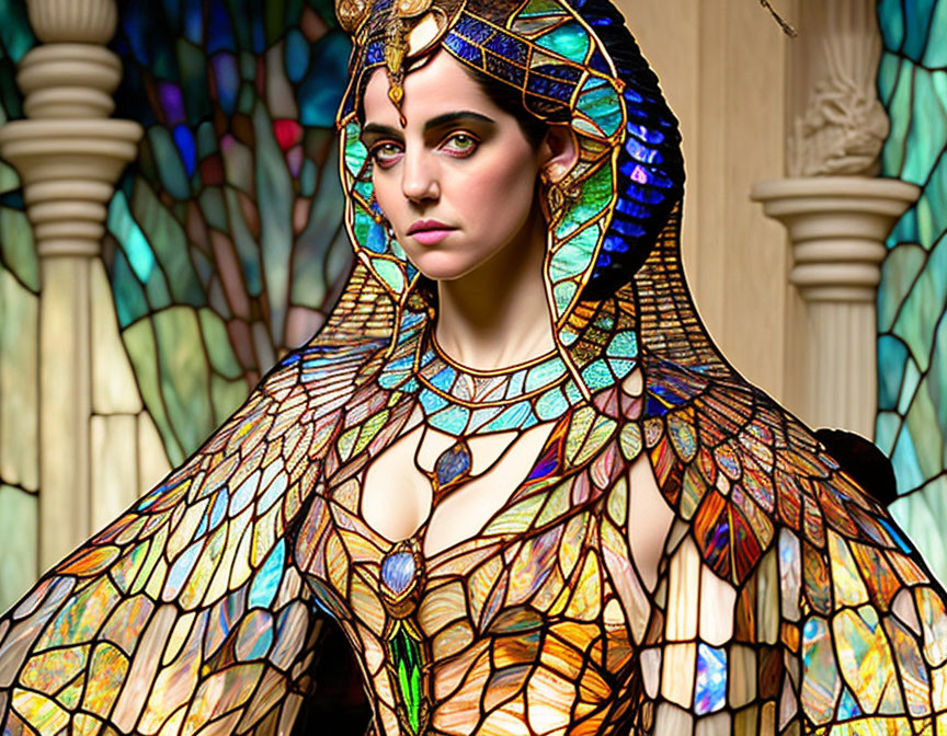 Woman in ornate stained-glass costume with headdress against window background