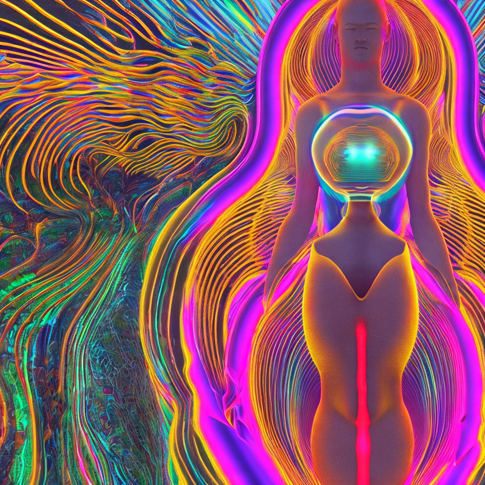 Vibrant psychedelic digital art: Neon human figure with orb on vivid backdrop