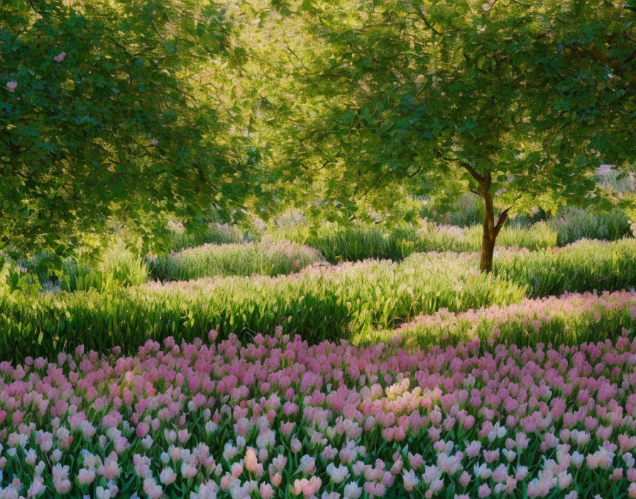 Tranquil park scene with green trees and pink tulips in soft sunlight