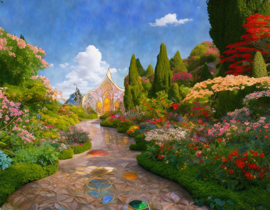 Colorful Garden with Mosaic Path and Stained-Glass Building