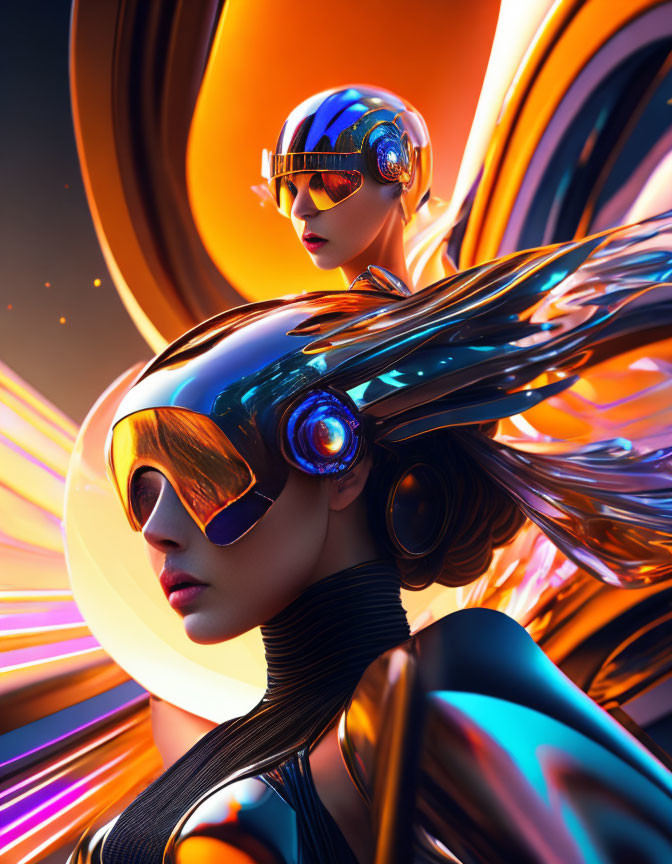 Futuristic figures with glossy visors in sleek attire on orange and purple backdrop