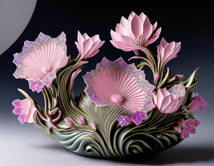 Porcelain sculpture of pink lotus flowers on dark background