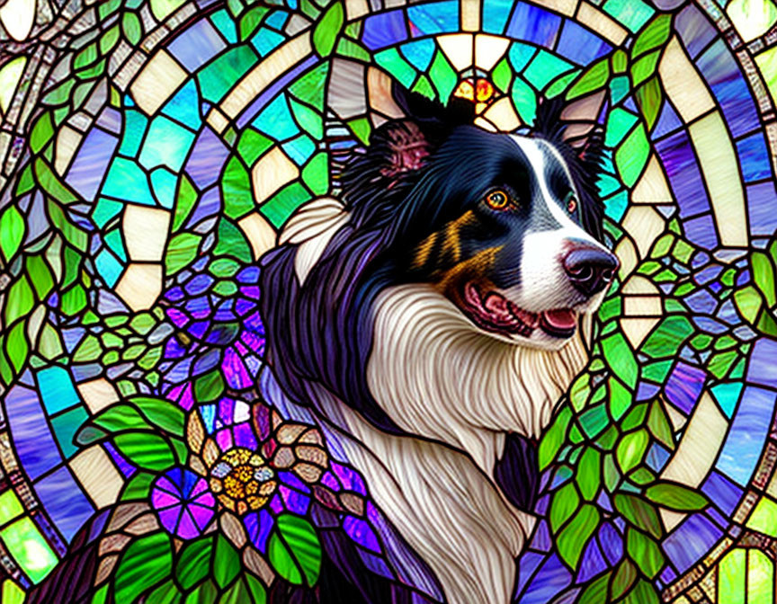 Vibrant stained-glass Border Collie with intricate floral patterns