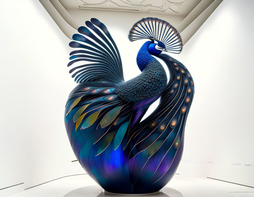 Metallic Peacock Sculpture with Elaborate Tail Feathers in White Gallery