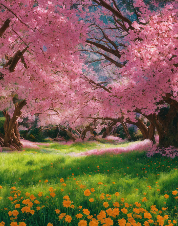 Tranquil landscape with pink cherry blossoms, green grass, and yellow flowers