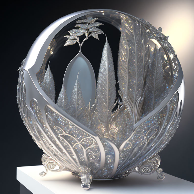 Intricate Silver Botanical Sculpture on Pedestal Grey Background