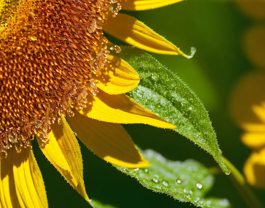 Vibrant sunflower with dew on petals and leaves, detailed textures.