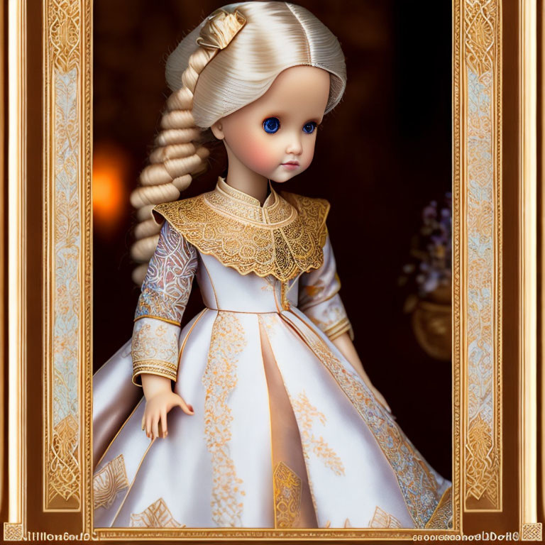 Porcelain doll with braided hair in white and gold dress.