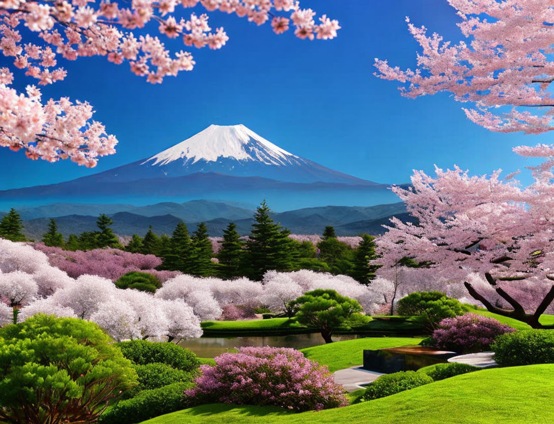 Scenic landscape with cherry blossoms, garden, and Mount Fuji.