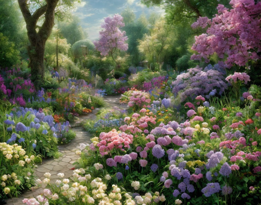 Blooming Flower Garden with Stone Path and Stream