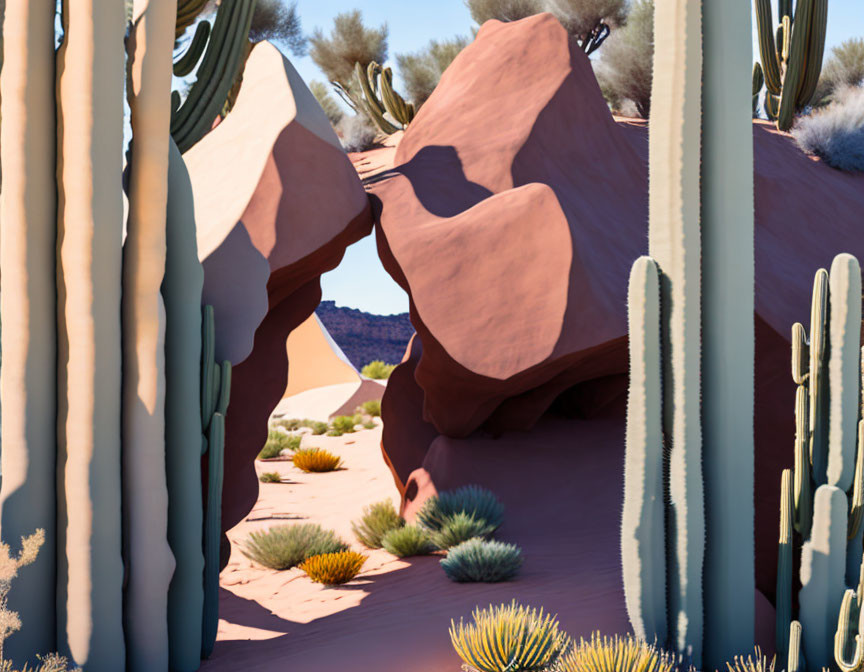 Desert landscape with towering cacti and boulders under clear blue sky