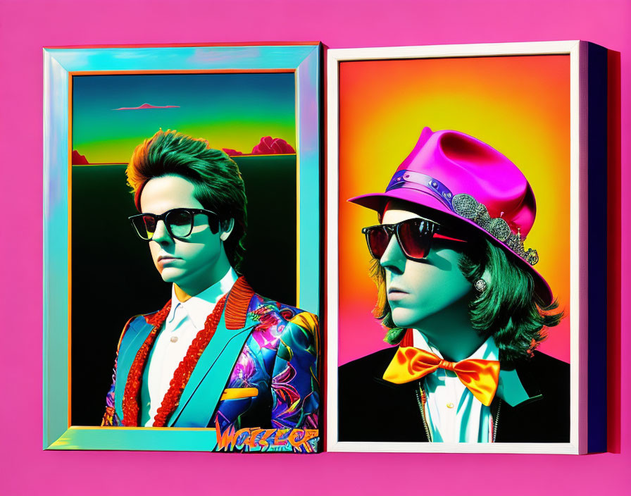 Vibrantly colored pop art style portraits with sunglasses and funky attire on neon backgrounds