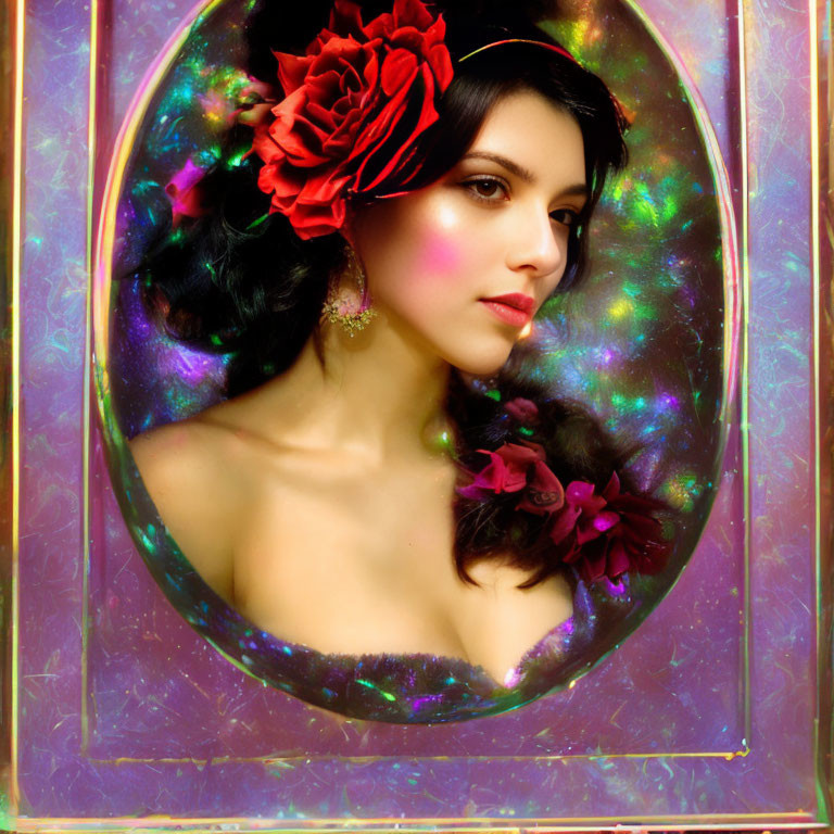 Woman adorned with red flowers in ornate oval frame against cosmic backdrop