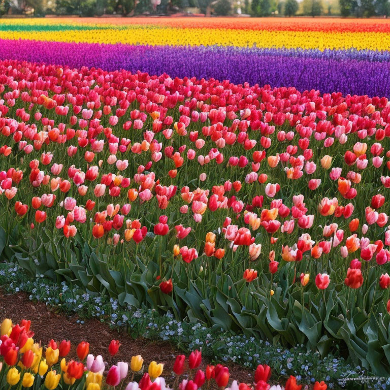 Multicolored tulips bloom in vibrant rows with trees in the background.