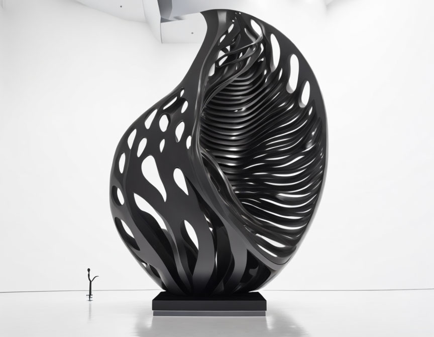 Monochrome Spiral Sculpture Dwarfing Human Figure in White Gallery