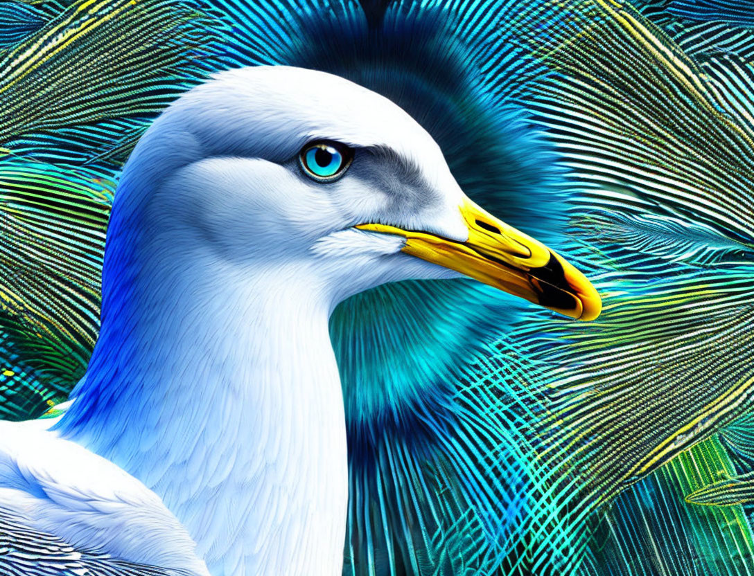 Vibrant digital artwork: seagull head with blue and green feather patterns