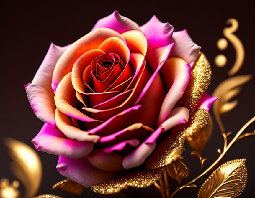 Gradient Pink and Orange Rose with Gold Patterns on Dark Background