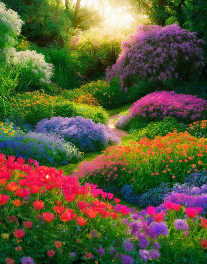 Colorful Garden Path with Pink, Purple, Orange Flowers