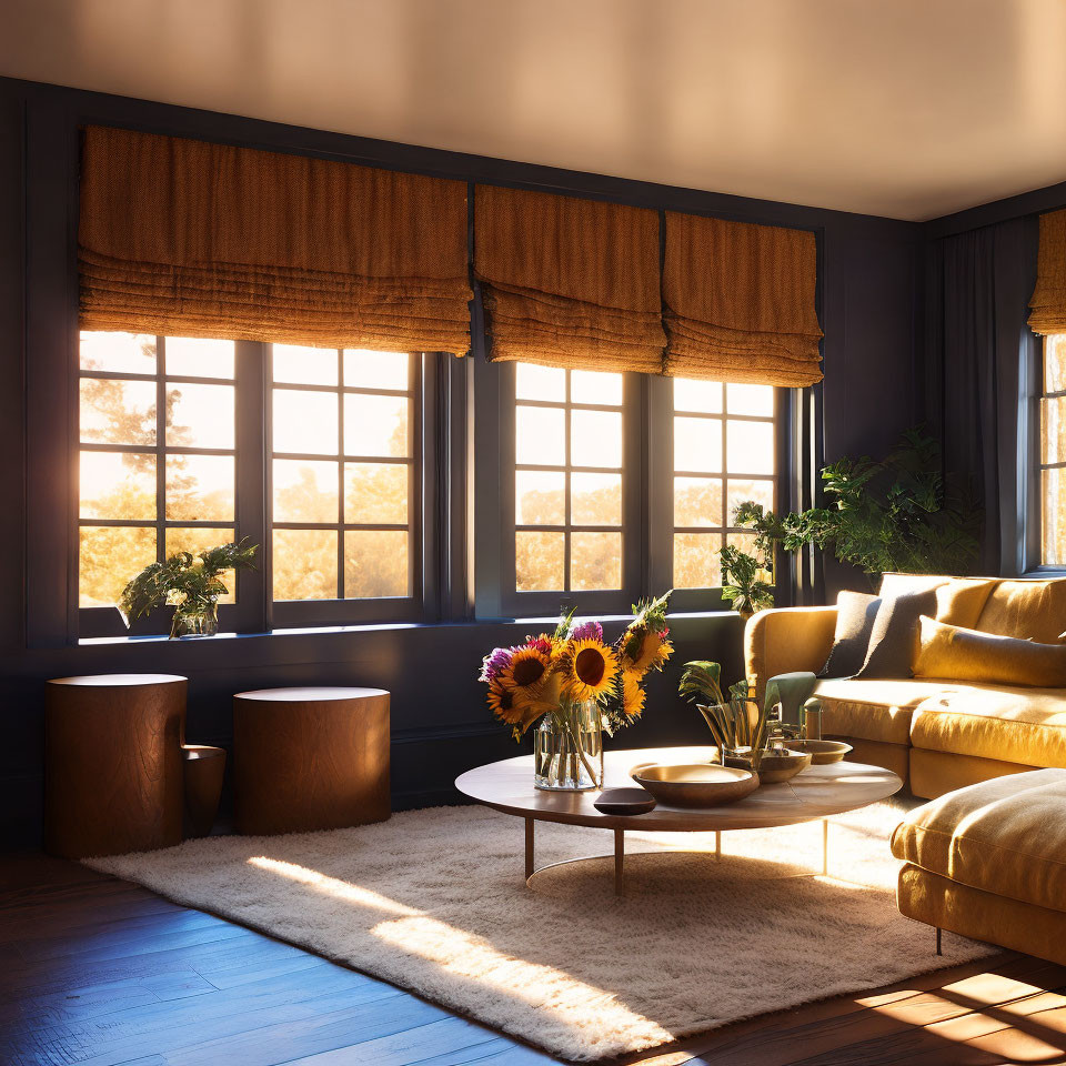 Warm Sunlit Living Room with Tan Sofa & Sunflowers