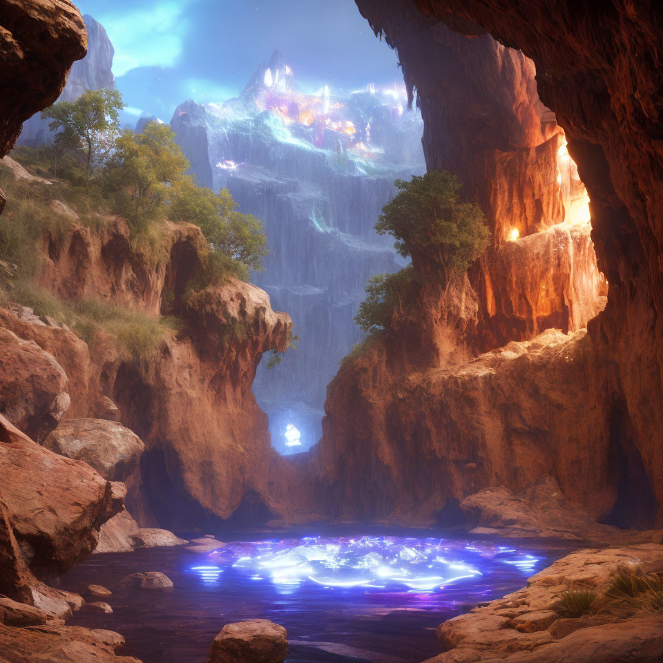 Mystical cave with glowing blue lake, waterfalls, and luminous castle in serene ambiance