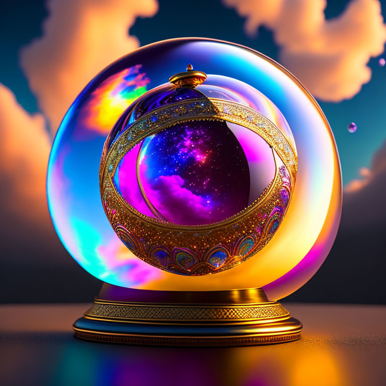 Colorful Galaxy-themed Spherical Object on Dramatic Sky Background