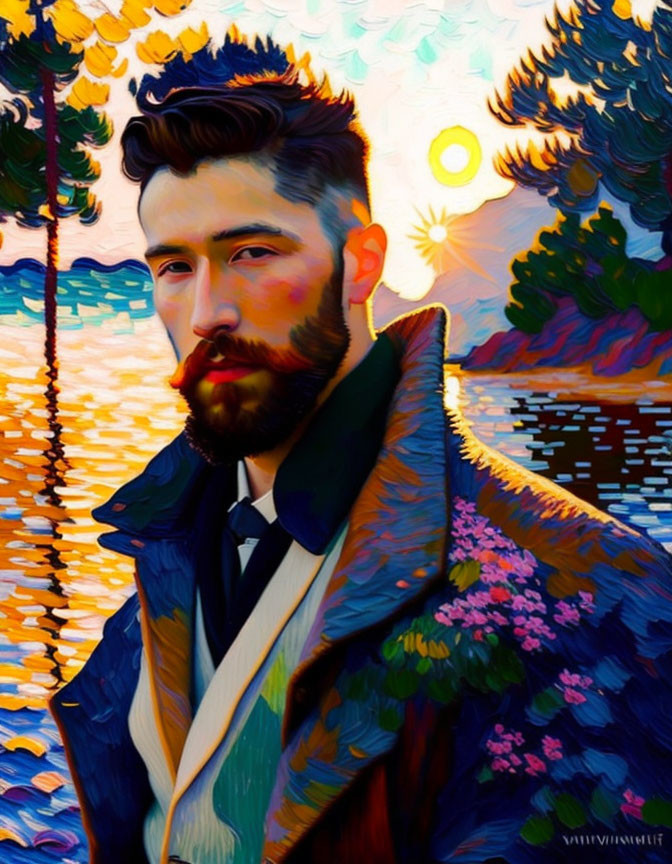 Colorful Impressionistic Portrait of Bearded Man in Nature