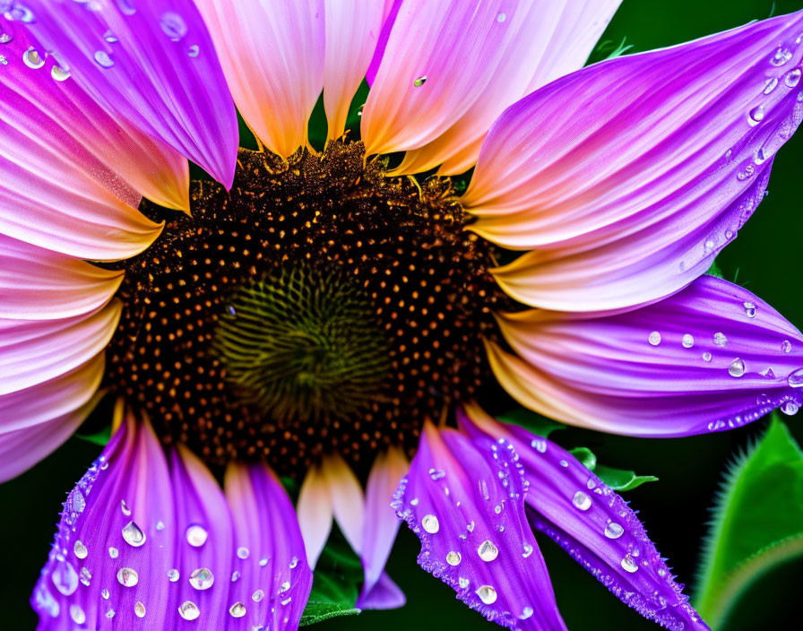 Colorful Sunflower with Water Droplets on Petals on Dark Green Background