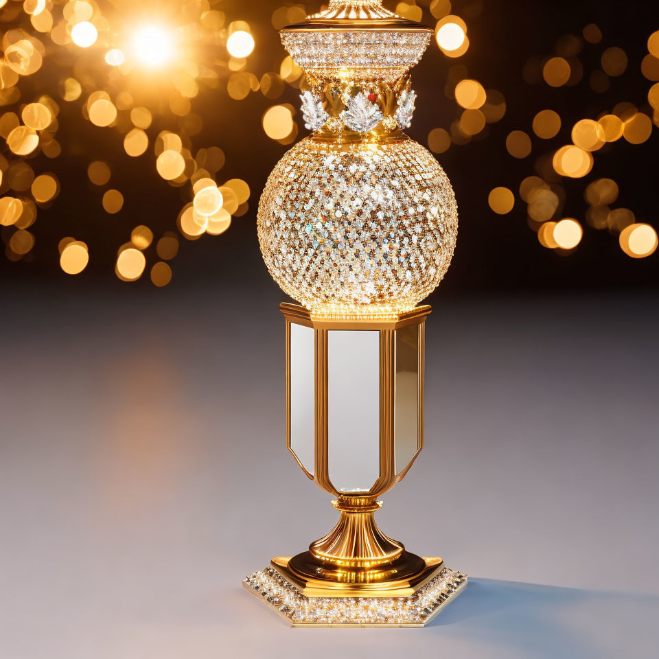 Intricate Crystal Trophy with Warm Bokeh Light Effects