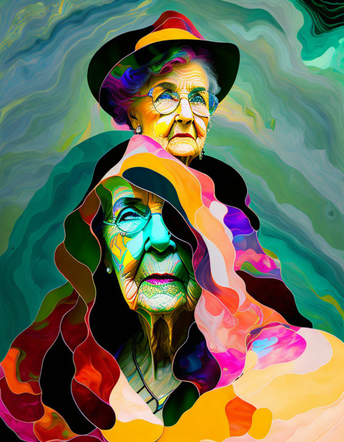 Vibrant artistic depiction of two elderly women with exaggerated features and swirling patterns