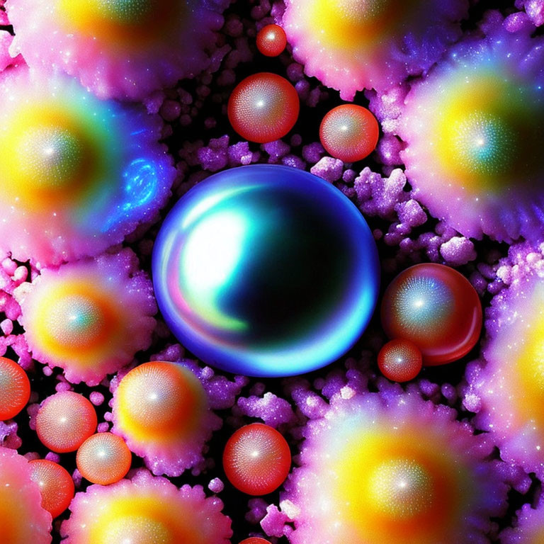 Colorful digital artwork with iridescent sphere and fractal textures