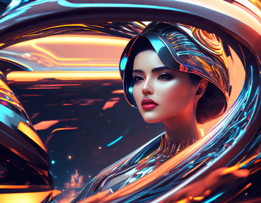 Futuristic woman in metallic clothing with visor on neon-lit backdrop